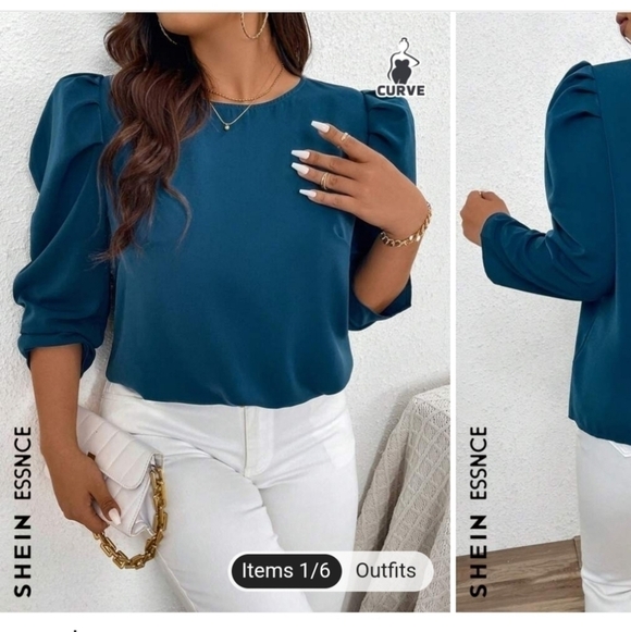 SHEIN Tops - SHEIN Essnce Women's  Green Round Neck Puff Sleeve Shirt XSMALL